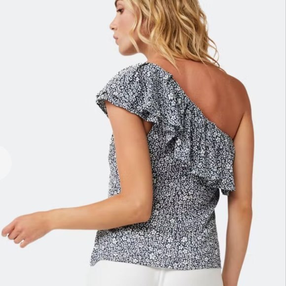 AS by DF One Shoulder Ruffle Floral Top XS – Black White Print Designer Blouse - Picture 3 of 9